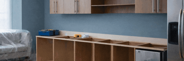 Before and after breakroom installation sequence